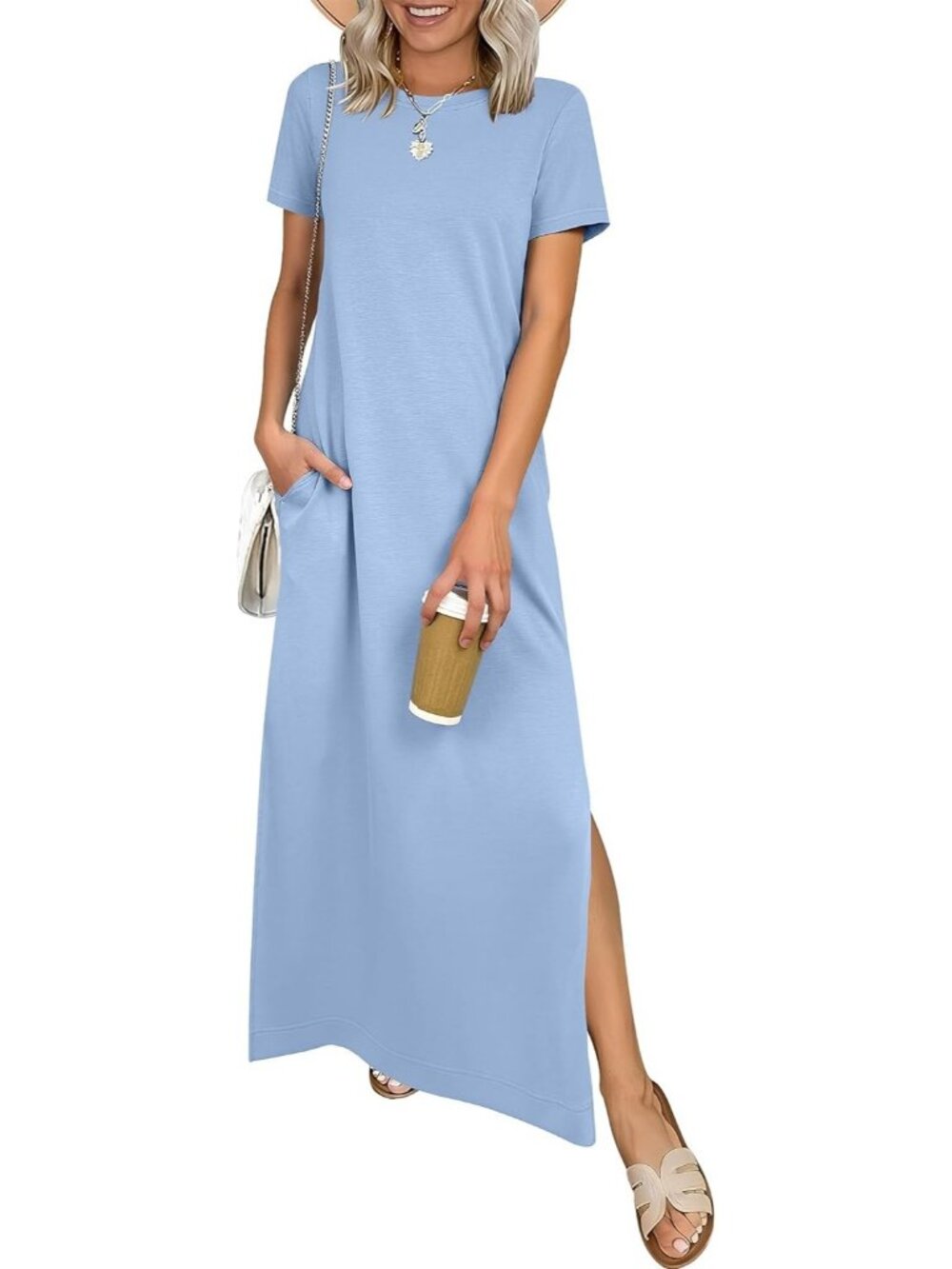 Women's Light Blue Crewneck Summer Casual Maxi Short Sleeve Split Long Dress